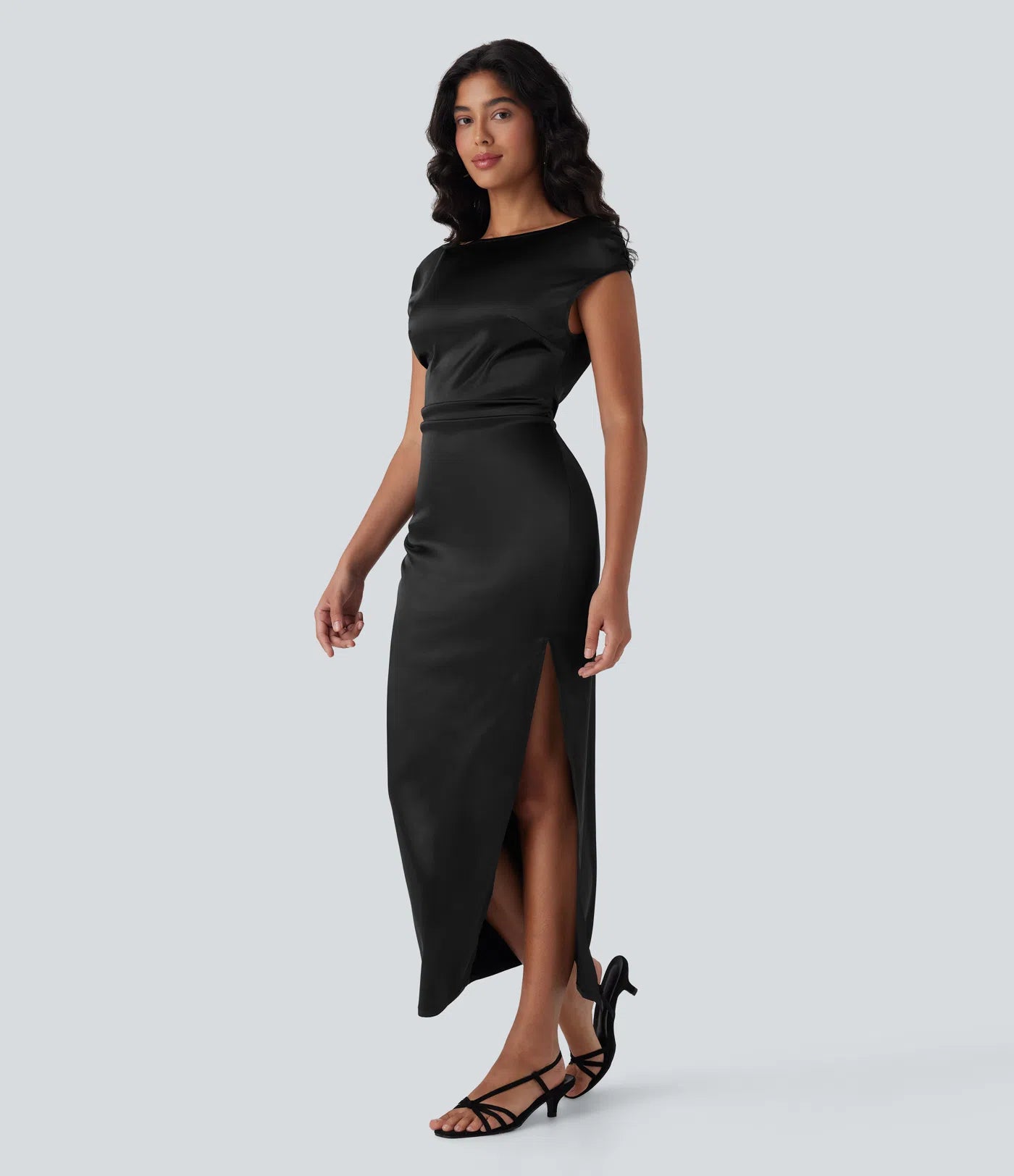Boat Neck Cap Sleeve Ruched Satin Dress