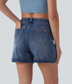 Mid Rise Rolled Hem Denim Casual Shorts 5'' with Pockets