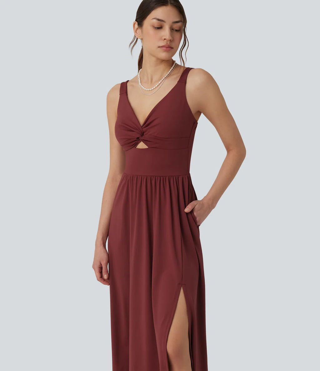 Airy V-neck Twisted Sleeveless Split Midi Non-Removable