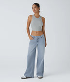 Asymmetric Low Rise Zipper Pockets Baggy Wide Leg Washed Casual Jeans