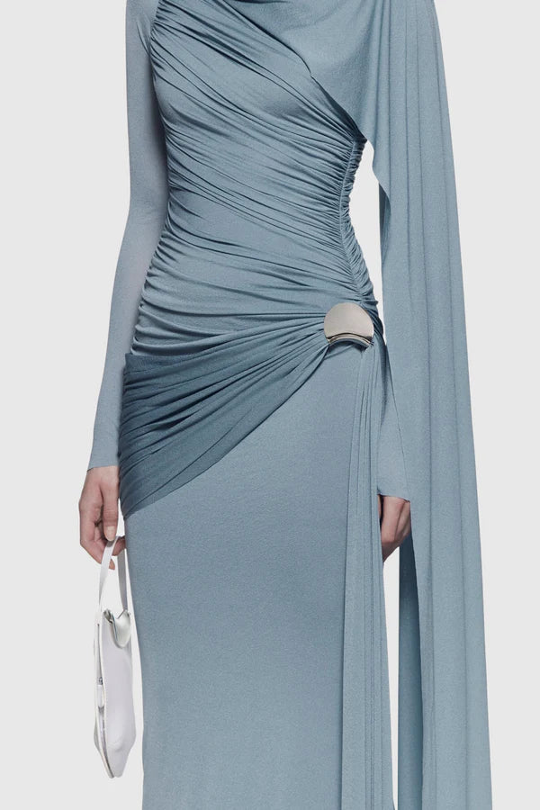 Betsey Asymmetrical Flap Ruched Maxi Dress - Blue