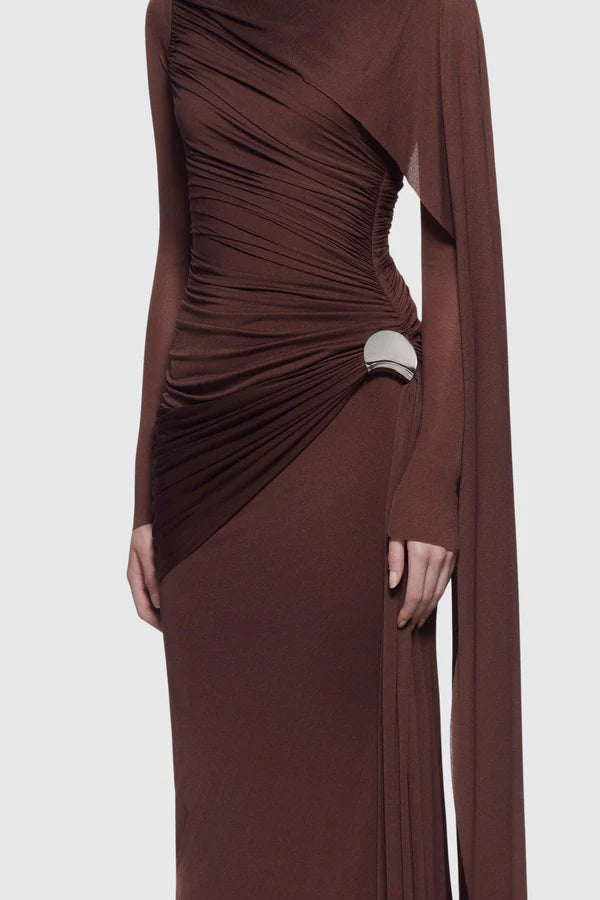 Betsey Asymmetrical Flap Ruched Maxi Dress - Brown