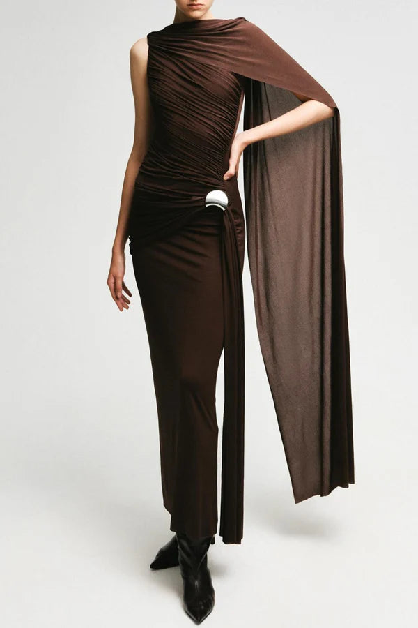 Betsey Asymmetrical Sleeveless Ruched Maxi Dress - Brown