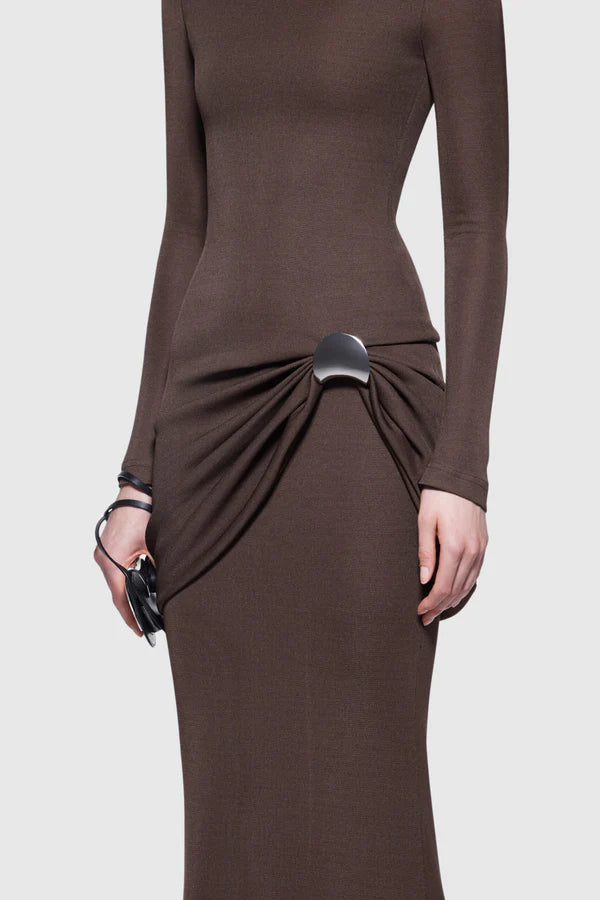 Betsey Dreaped Metal Embellished Maxi Dress - Brown