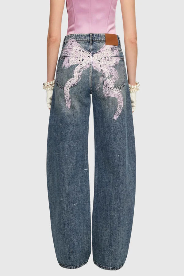 Cecile Bow Print Barrel Jeans