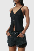 Chaeli Lace-layer Denim Shorts - Black