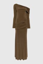 Gunnar Off Shoulder Asymmetric Ruched Maxi Dress - Brown