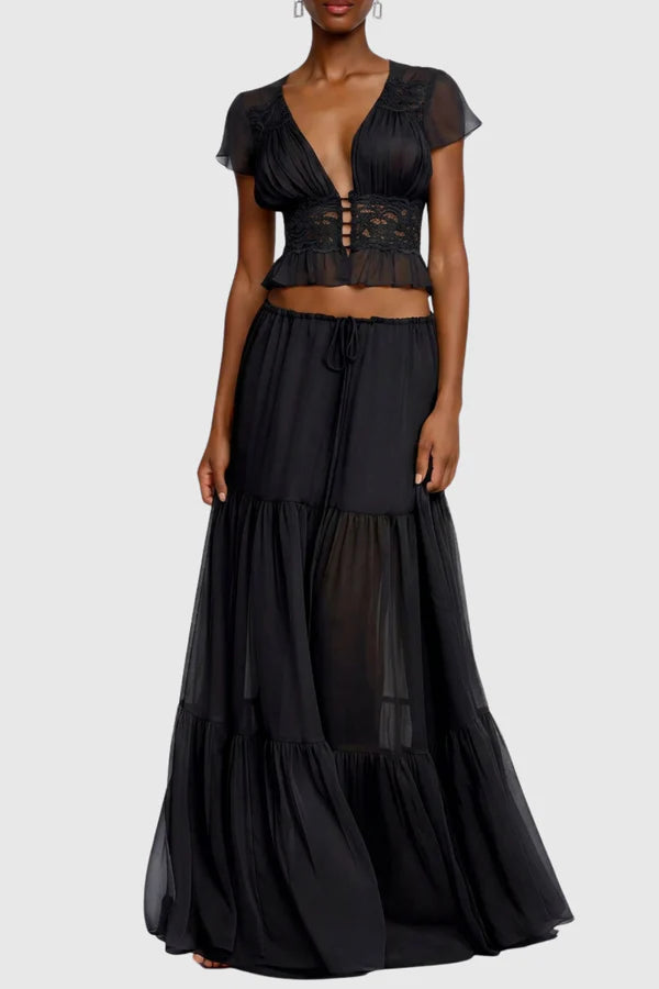 Jettya Lace Ruffle Top & Maxi Skirt Set - Black