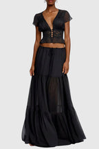 Jettya Lace Ruffle Top & Maxi Skirt Set - Black