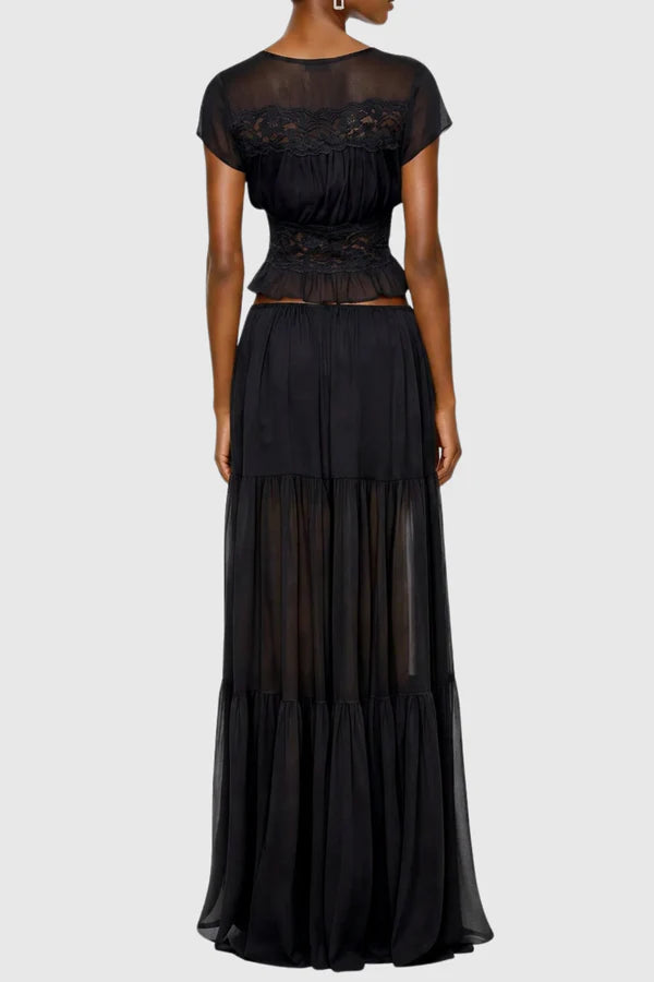 Jettya Lace Ruffle Top & Maxi Skirt Set - Black