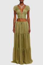 Jettya Lace Ruffle Top & Maxi Skirt Set - Green