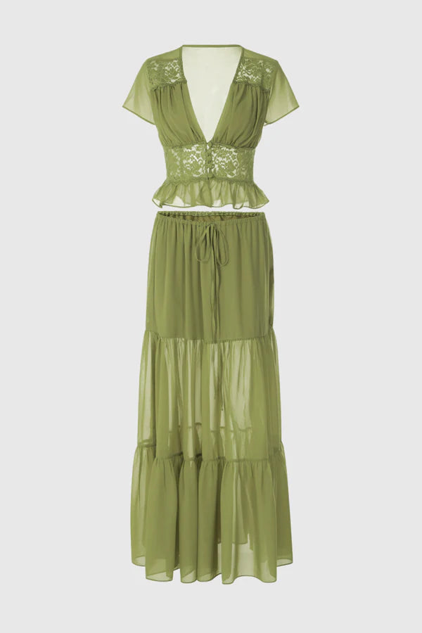 Jettya Lace Ruffle Top & Maxi Skirt Set - Green