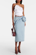 Laundra Floral Appliqué Denim Midi Skirt