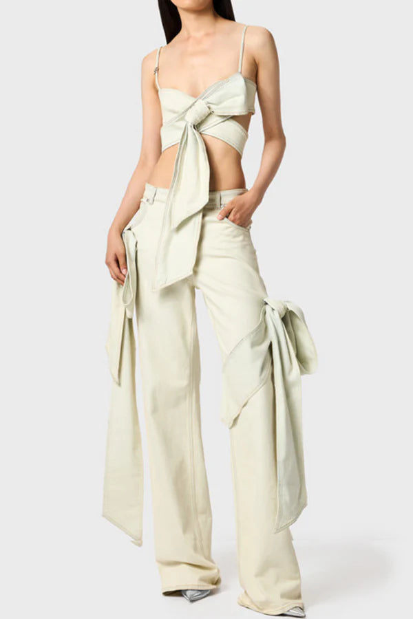 Camille Bow Denim Top - White